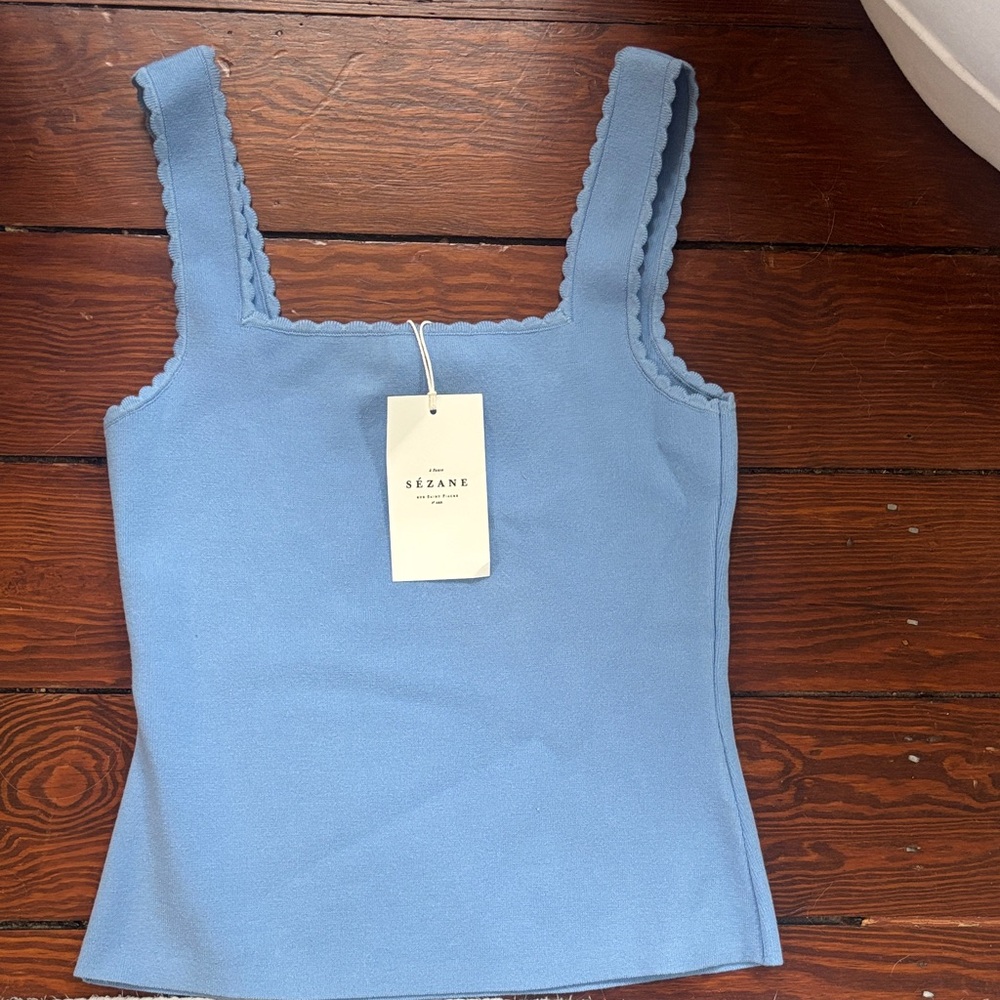 NWT Sézane Luna Blue Scalloped Edge Top Size M